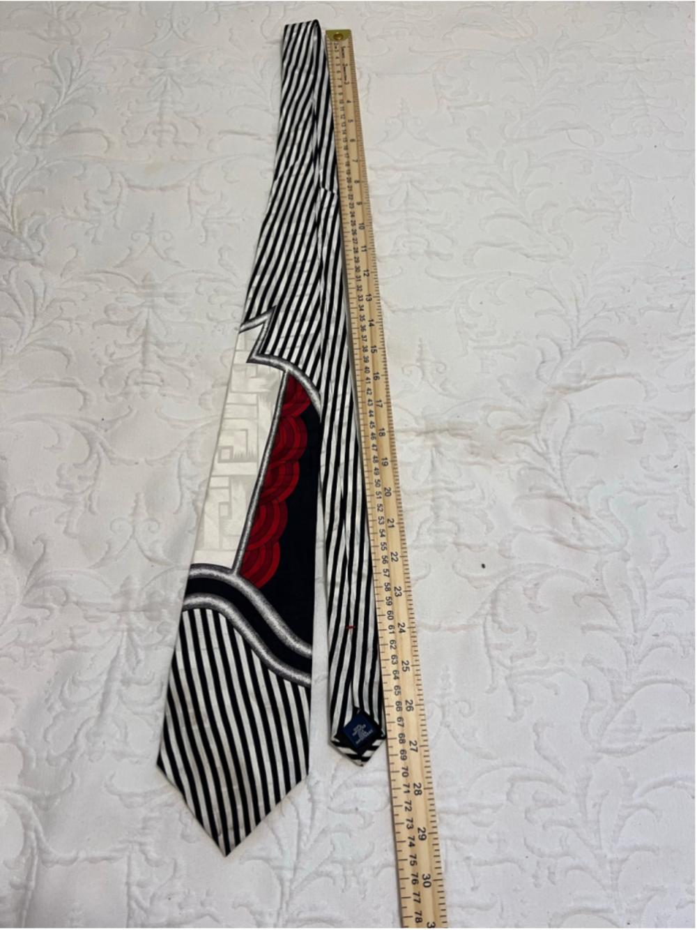 Men's Louis Feraud Silk Tie One Size Black White Red Geometric Striped - Picture 5 of 5